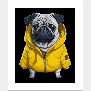 Funny Pug Dog Wearing a Yellow Jacket Posters and Art